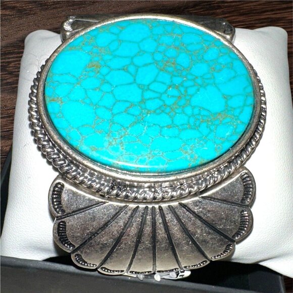 Blue Turquoise Silver Western Southwest Stretch Bracelet Ranch Wear Cowgirl - Picture 3 of 16